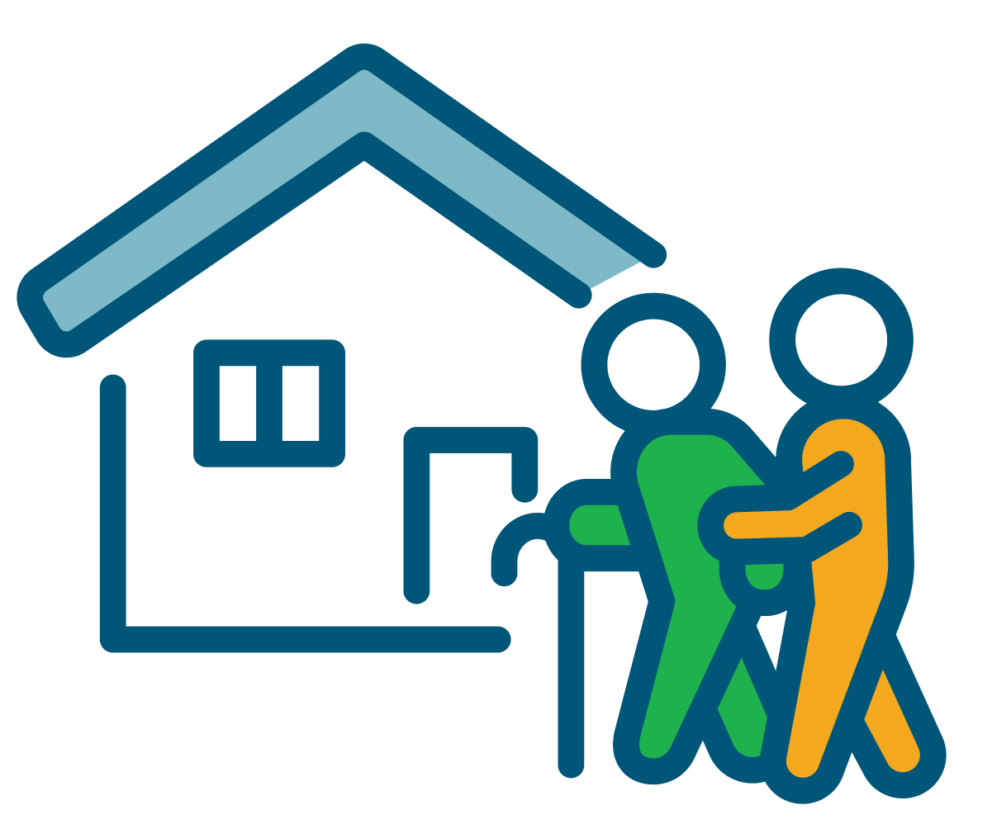 Icon drawing of a person helping an elderly person into their home