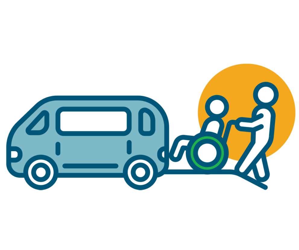 Icon illustration of person in wheelchair being helped into a car